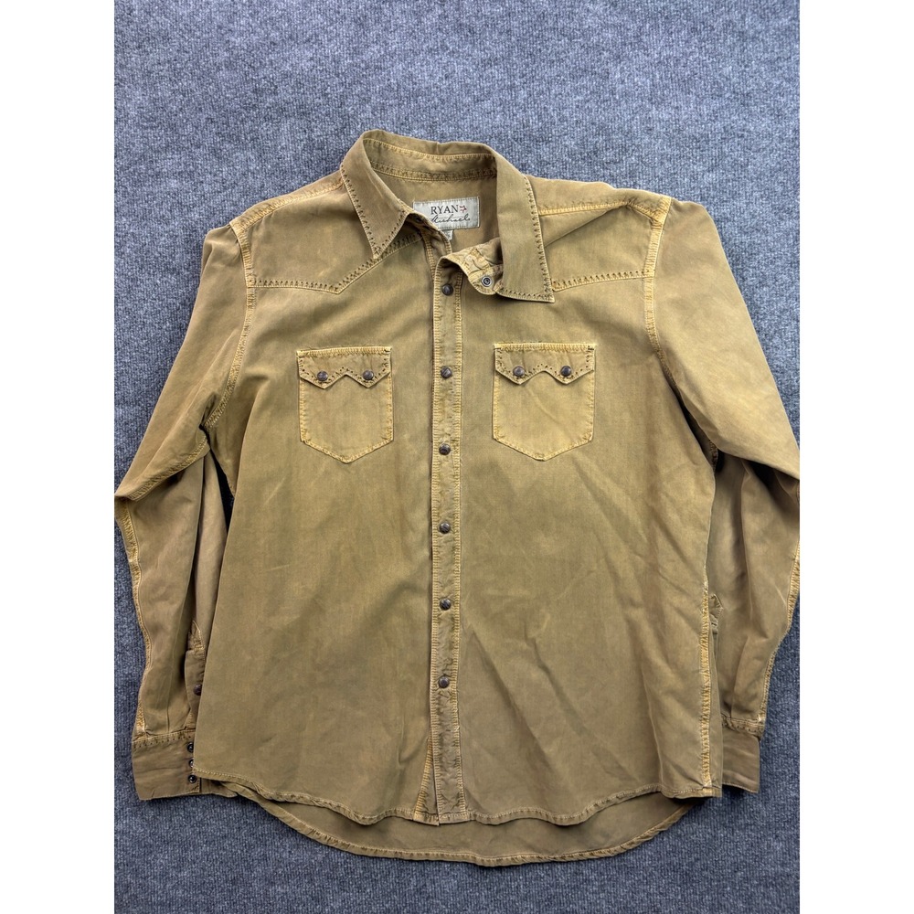 Ryan Michael Western Snap Shirt Mens XL Tan Silk Cotton Blend Long Sleeve Yoke